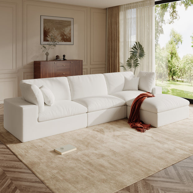 121" L-Shaped Modular Sectional Sofa with Ottoman, No Assembly Required, Chenille Warm White | Breathable Material