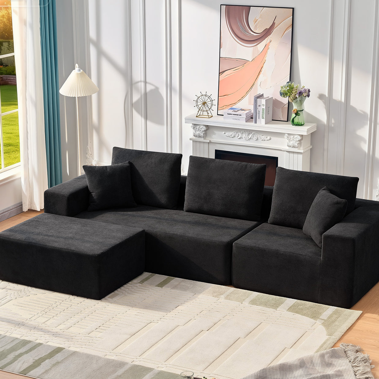 108" Boneless Sectional Couch, 3 Seater with 1 Ottoman, Black
