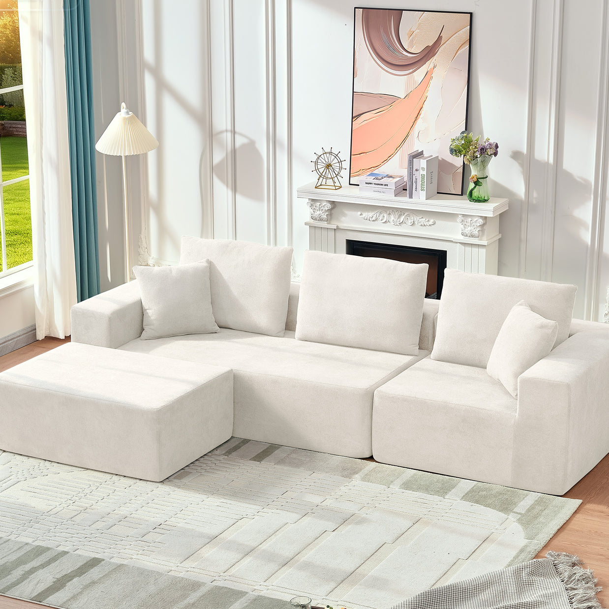 108" Boneless Sectional Couch, 3 Seater with 1 Ottoman, Warm White