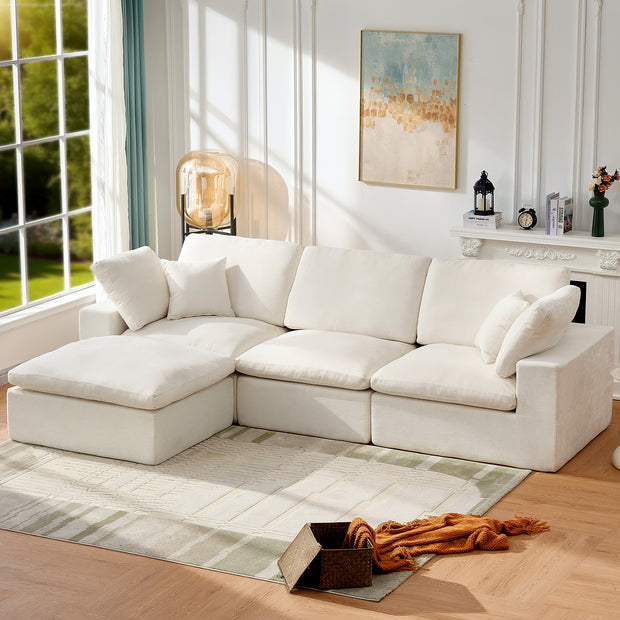 126" Sectional Cloud Couch, 3 Seater with 1 Ottoman, Warm White