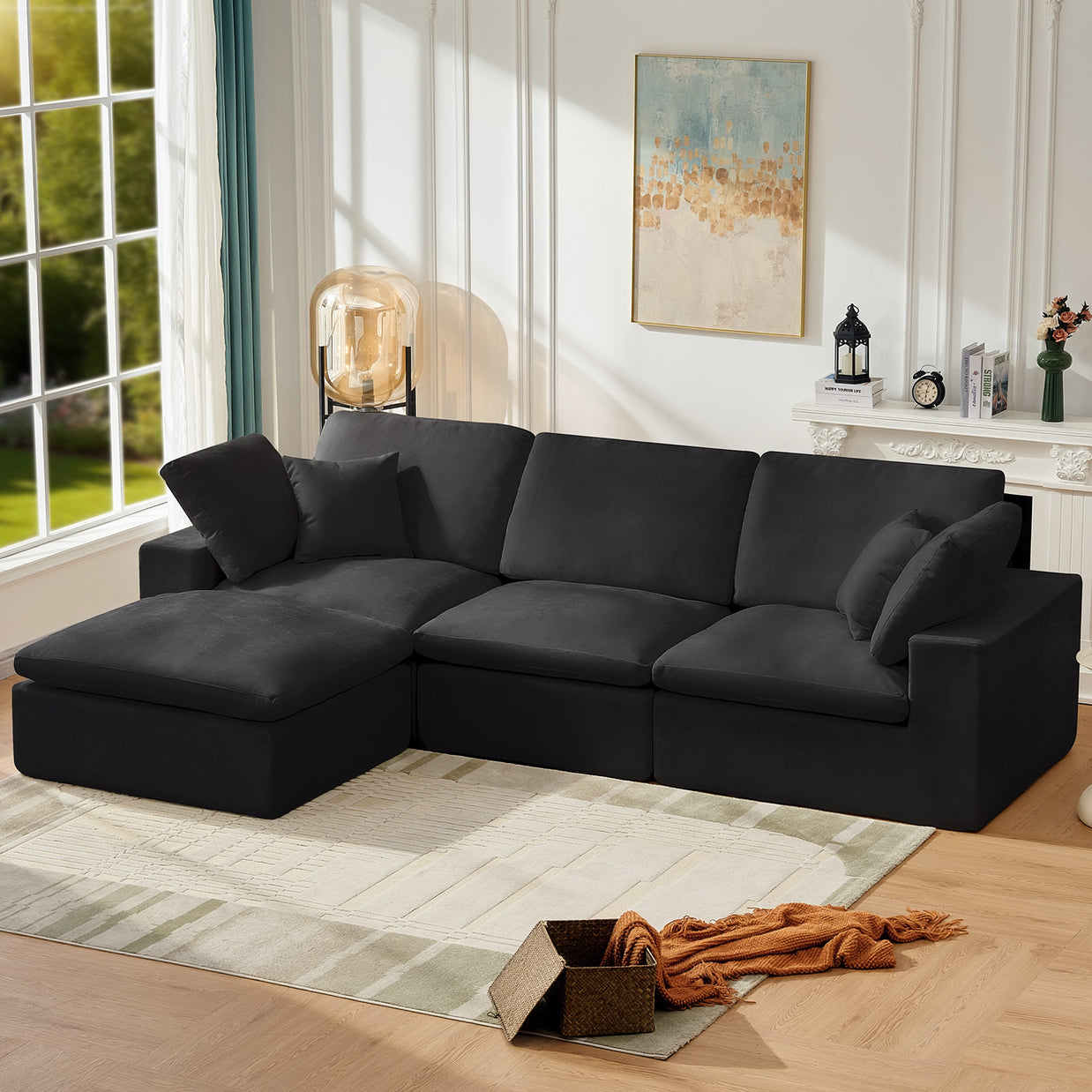126" Sectional Cloud Couch, 3 Seater with 1 Ottoman, Black