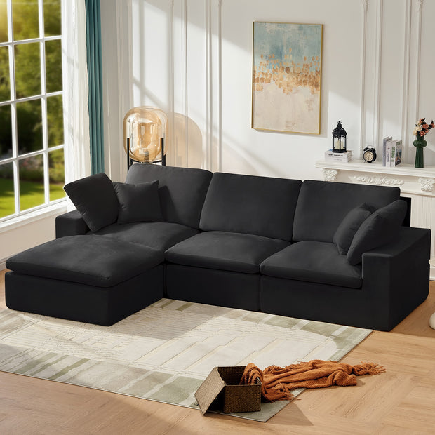 126" Sectional Cloud Couch, 3 Seater with 1 Ottoman, Black