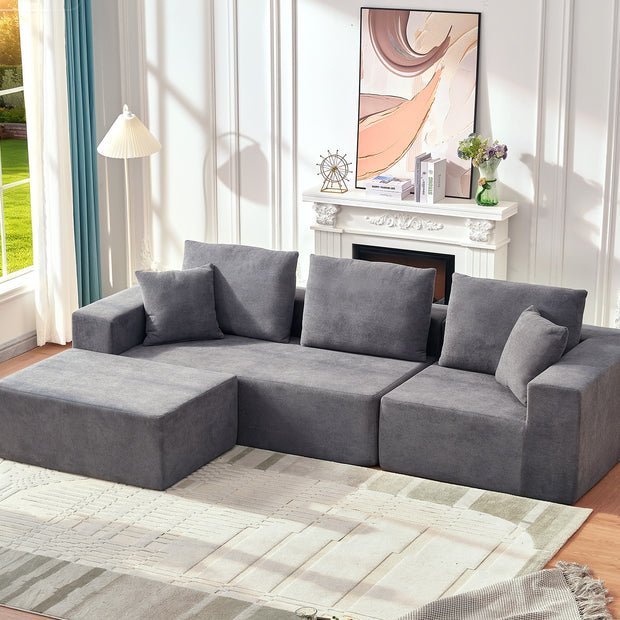108" Boneless Sectional Couch, 3 Seater with 1 Ottoman, Gray