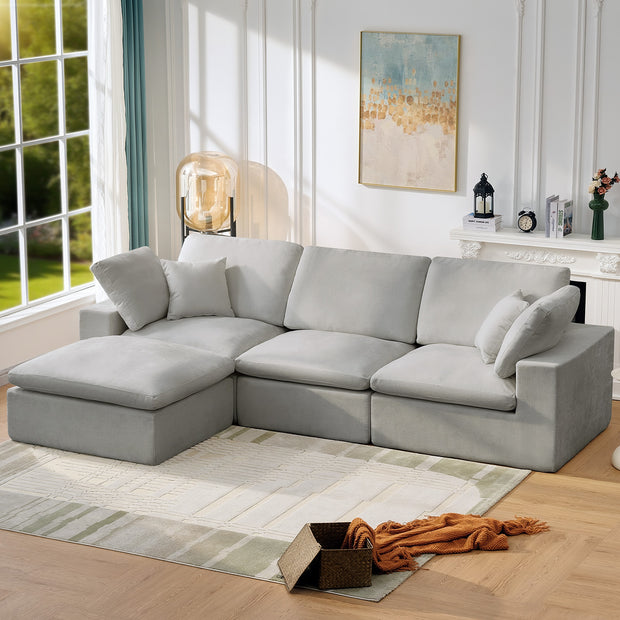 126" Sectional Cloud Couch, 3 Seater with 1 Ottoman, Grey