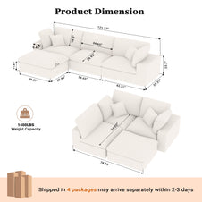 121" L-Shaped Modular Sectional Sofa with Ottoman, No Assembly Required, Chenille Warm White | Breathable Material