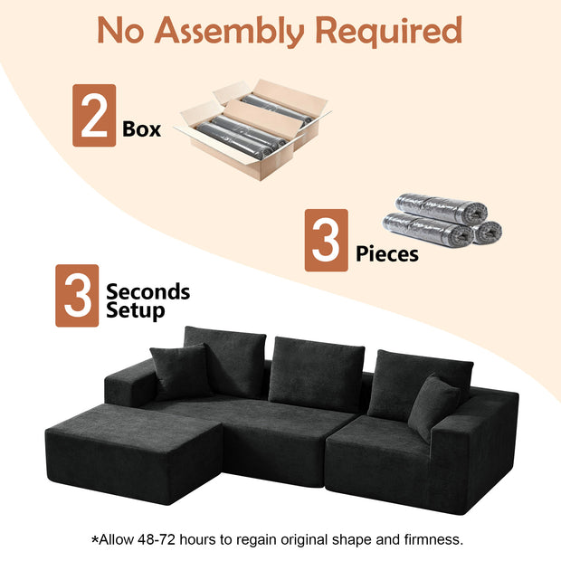 108" Boneless Sectional Couch, 3 Seater with 1 Ottoman, Black