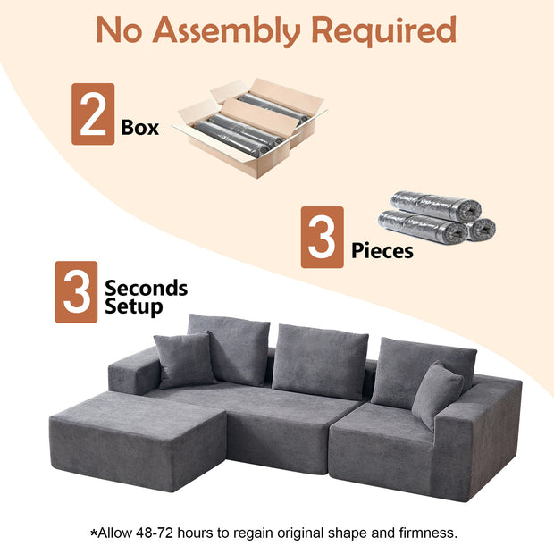 108" Boneless Sectional Couch, 3 Seater with 1 Ottoman, Gray