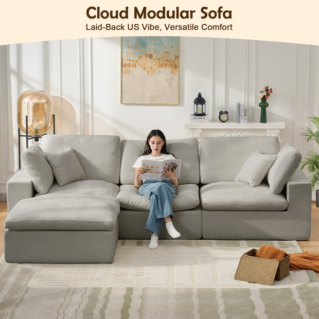 126" Sectional Cloud Couch, 3 Seater with 1 Ottoman, Grey