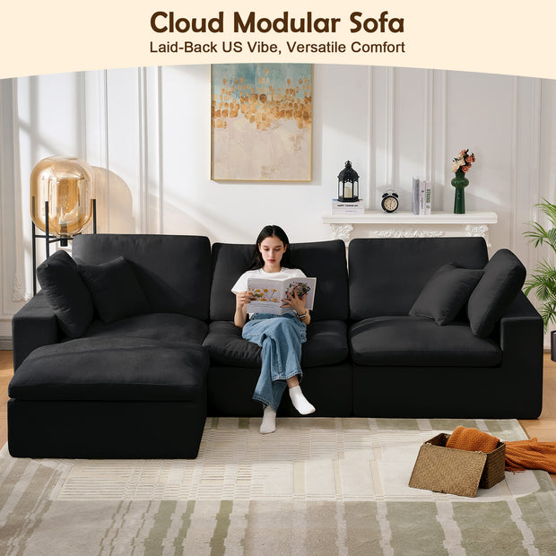 126" Sectional Cloud Couch, 3 Seater with 1 Ottoman, Black
