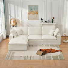 126" Sectional Cloud Couch, 3 Seater with 1 Ottoman, Warm White